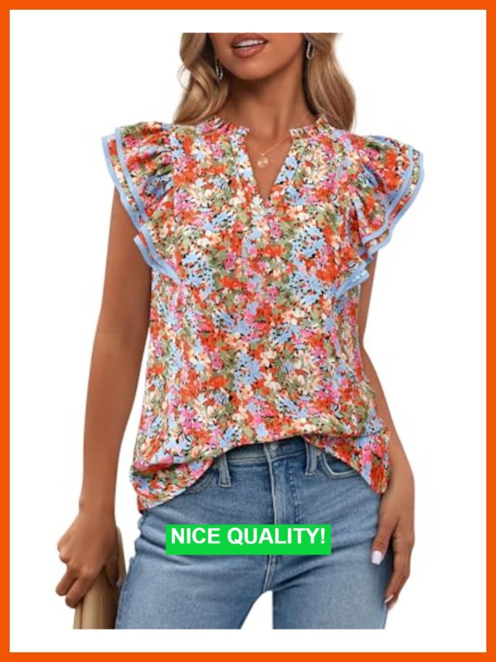 Dressy Casual Women's V Neck Ruffle Cap Sleeve Floral Blouse Top